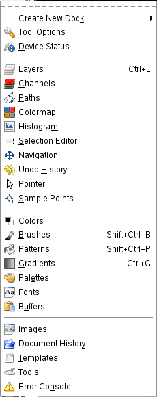 The Dialogs submenu of the Toolbox File menu