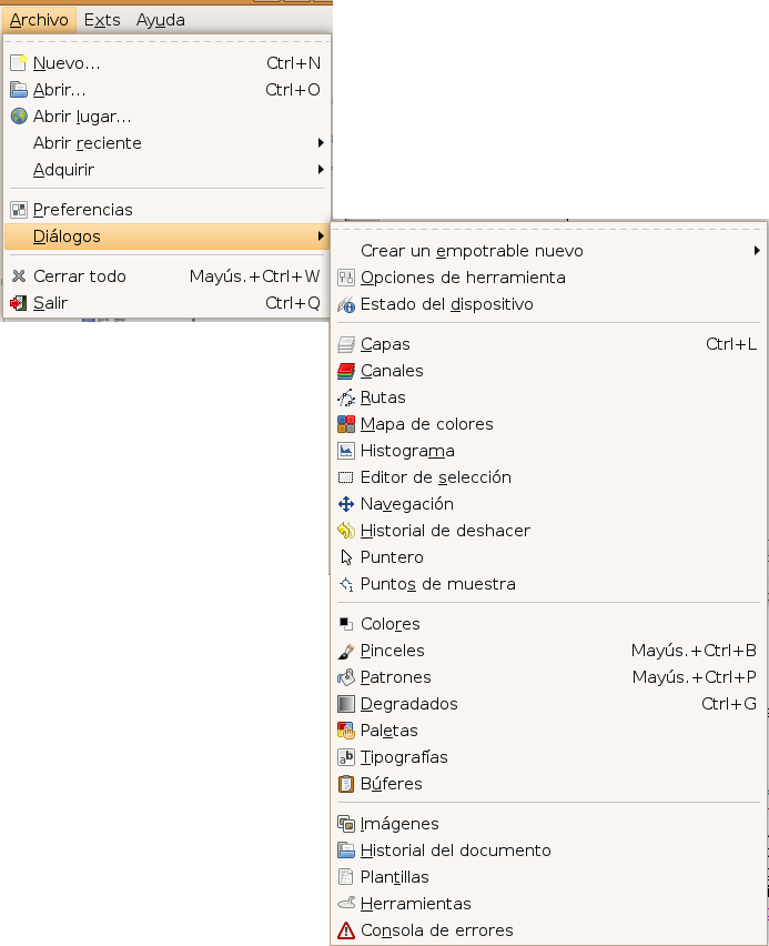 El sub-menú diálogos del menú archivo de la caja de herramientas