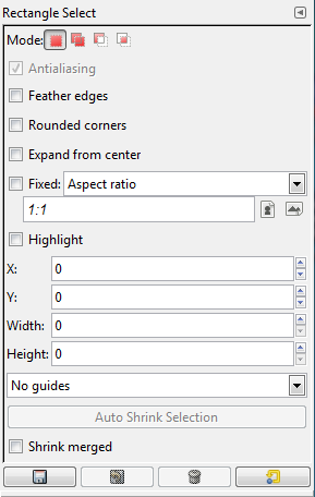 Tool Options dialog for the Rectangle Select tool.
