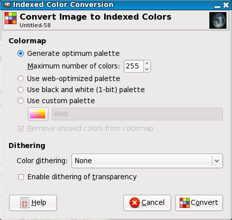 Dialog „Change to Indexed Colors”