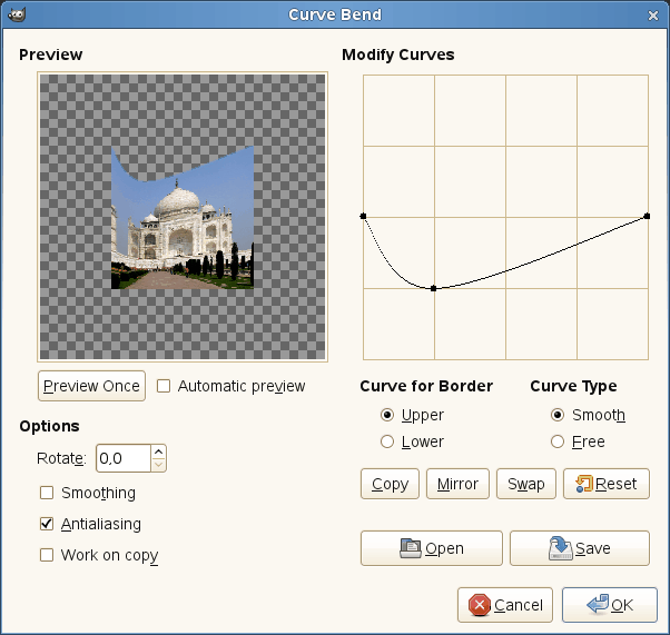 Opciones del filtro Doblar según curva