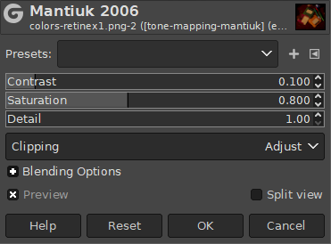 O diálogo do filtro “Mantiuk 2006”