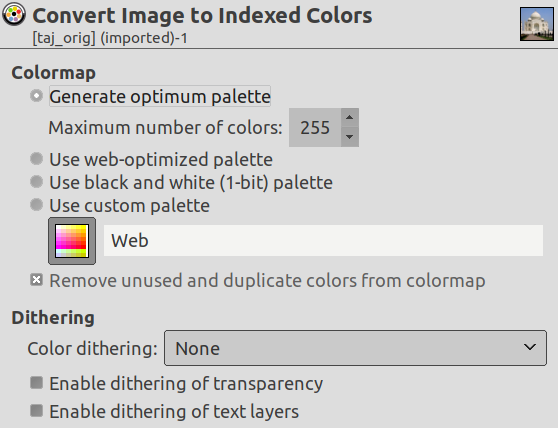 The „Convert Image to Indexed Colors“ dialog