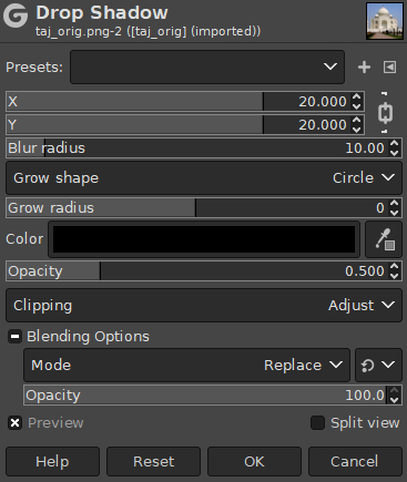 „Drop Shadow“ filter options