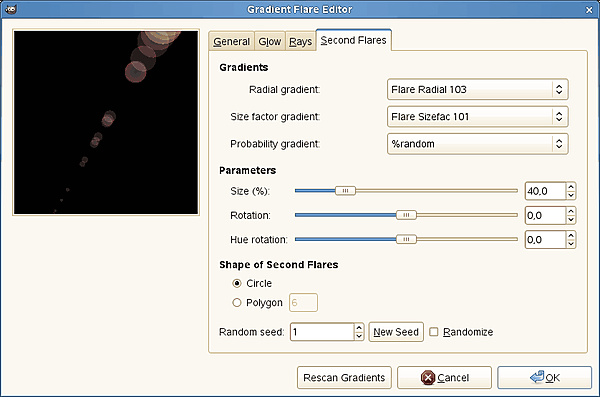 „Gradient Flare Editor“ options (Second Flares)