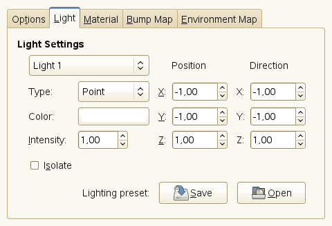 „Lighting“ filter options (Light Settings)