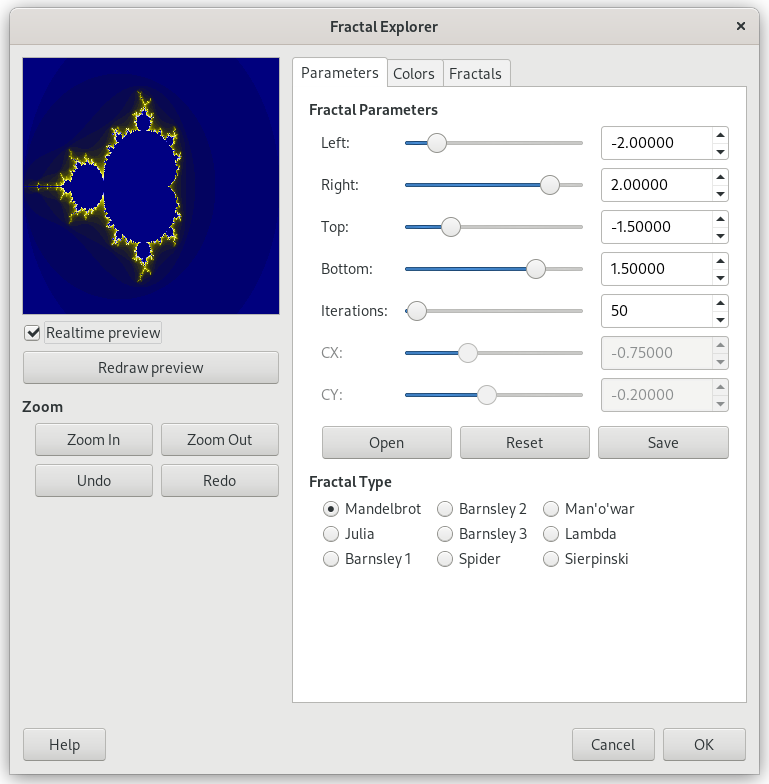 „Fractal Explorer“ filter options