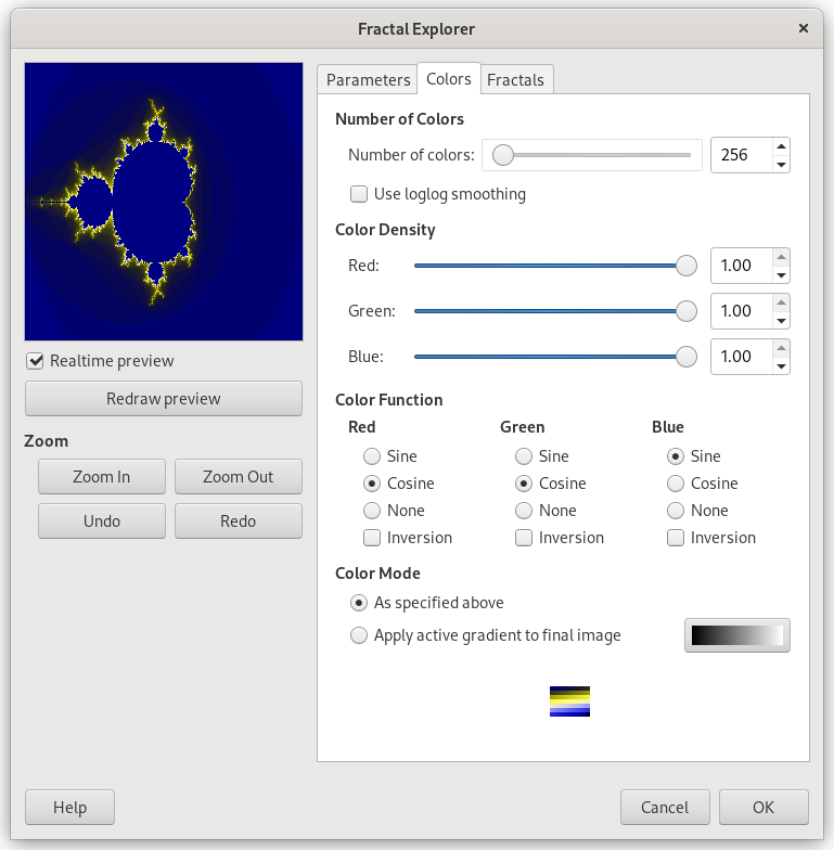 „Fractal Explorer“ filter options (Colors)