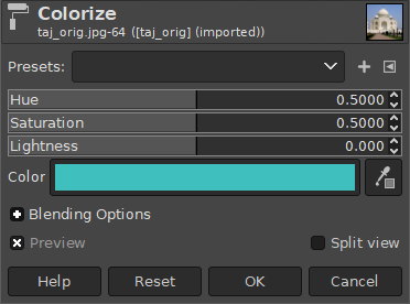 Colorize filter dialog