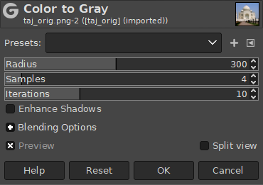 „Color to Gray“ settings