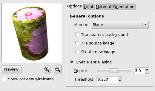 Opcions generals del filtre «Projecta sobre un objecte»