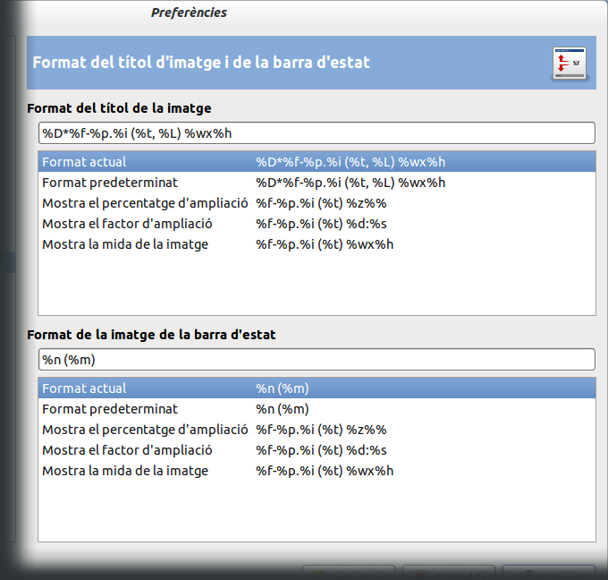 Formats del títol i barra d'estat de la finestra d'imatge