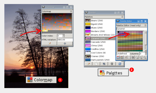 Diàleg de mapa de colors (1) i diàleg de paletes (2)