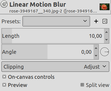 „Linear Motion Blur“ filter options