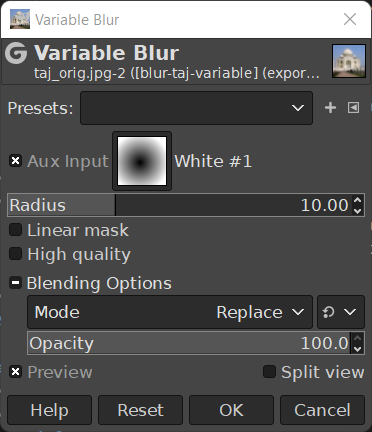Variable Blur filter dialog options