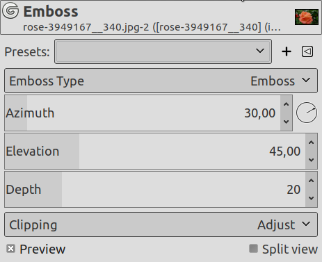 „Emboss“ filter options