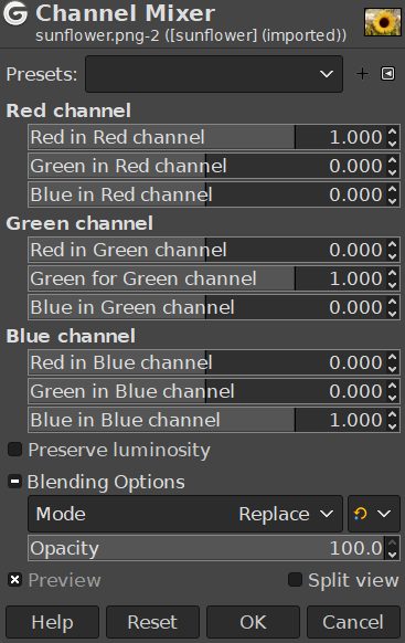 „Channel Mixer“ command options