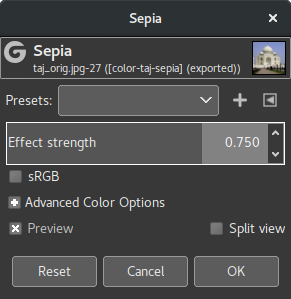 „Sepia“ options