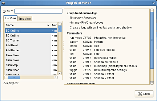 The list view of the „Plug-In Browser“ dialog window