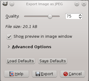 “Export Image as JPEG” dialog with quality 75