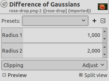 Opciones del filtro diferencia de Gaussiana