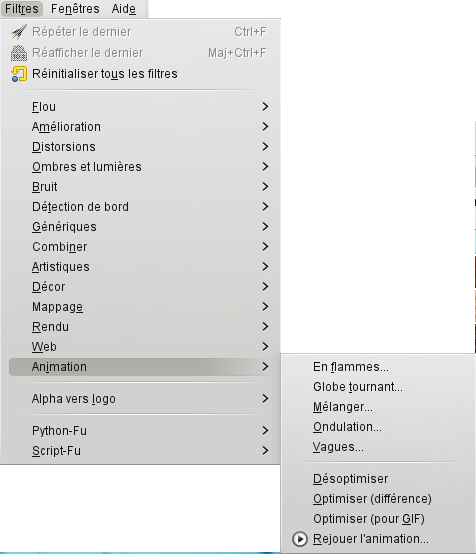 Le menu des filtres « Animation »