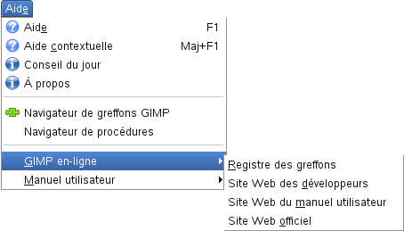 Le sous-menu « GIMP en ligne » du menu Aide