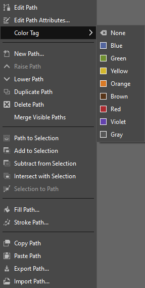 The „Paths” context menu