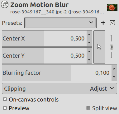 „Zoom Motion Blur” filter options