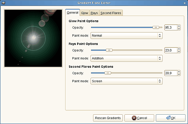 „Gradient Flare Editor” options (General)