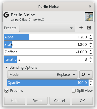„Perlin Noise” filter options