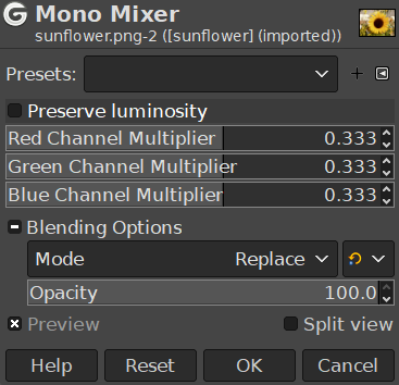 „Mono Mixer” command options