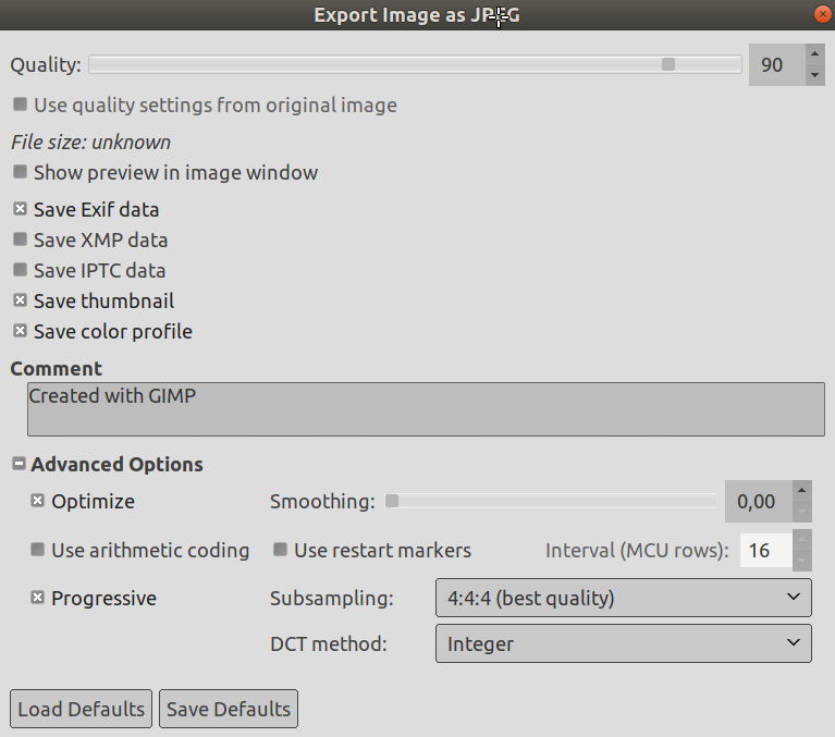 The JPEG Export dialog
