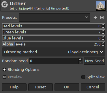 La finestra del filtro Dither