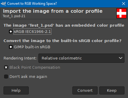 La finestra di dialogo Converti in spazio di lavoro RGB