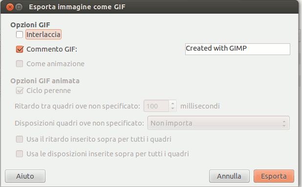 La finestra di dialogo di esportazione come GIF