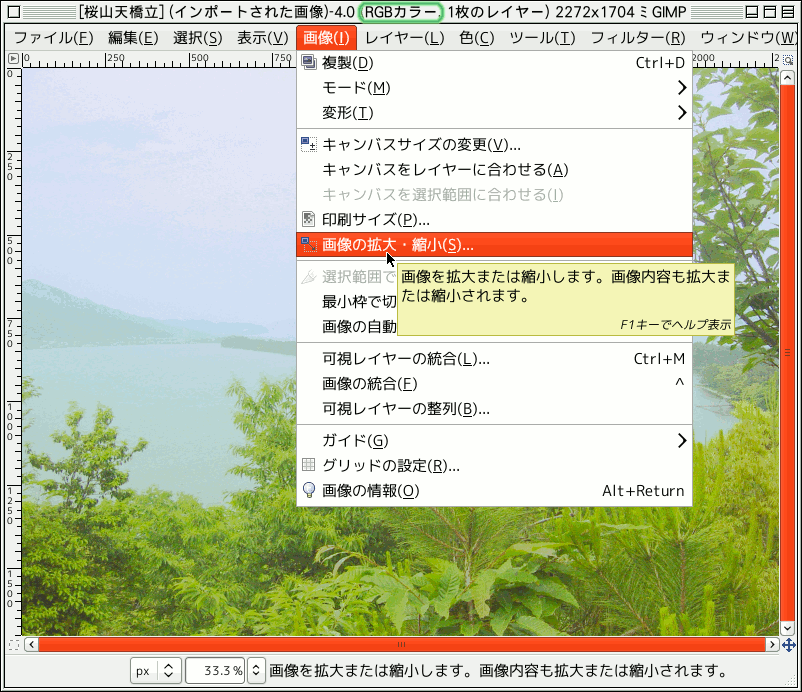 GIMP で画像の拡大・縮小をしているようす