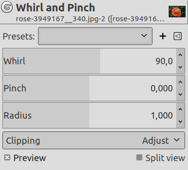 „Whirl and Pinch“ filter options