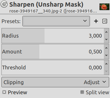 „Sharpen“ filter options