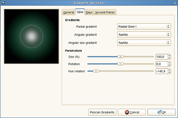 „Gradient Flare Editor“ options (Glow)