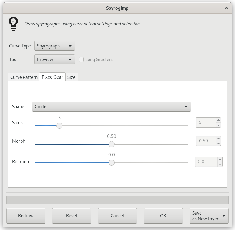 „Spyrogimp“ filter options (Fixed Gear)