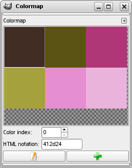 Een geïndexeerde afbeelding met 6 kleuren en het dialoogvenster kleurenkaart