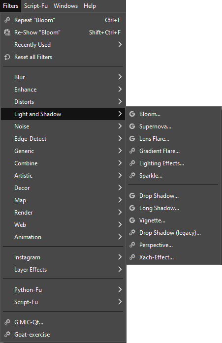 Het menu Filters -> Licht en schaduw