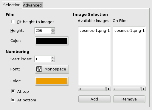 „Filmstrip” filter options (Selection)