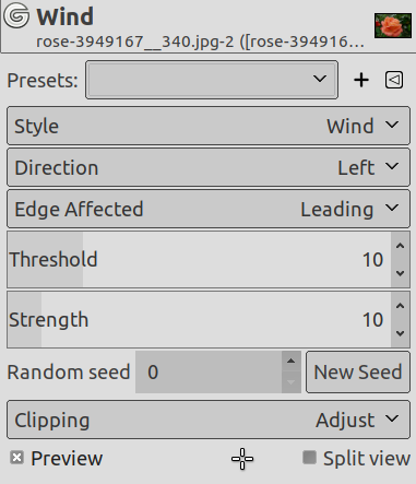 „Wind” filter options