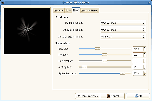 „Gradient Flare Editor” options (Rays)