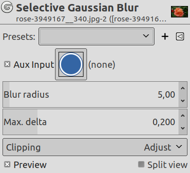 Parâmetros de configuração do filtro “gaussiana seletiva”