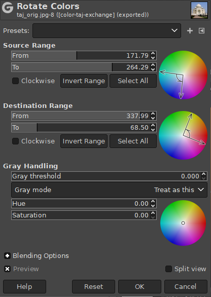 Opções principais do filtro“Rotaciona cores”