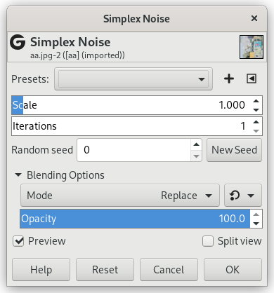 „Simplex Noise” filter options