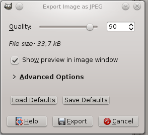 Диалог «Экспортировать изображение как JPEG» с качеством по умолчанию.